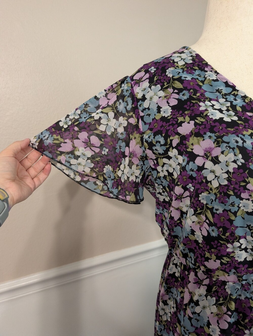 Prettygarden Purple And Blue Floral Faux Wrap Dress, Size XL - Picture 3 of 6